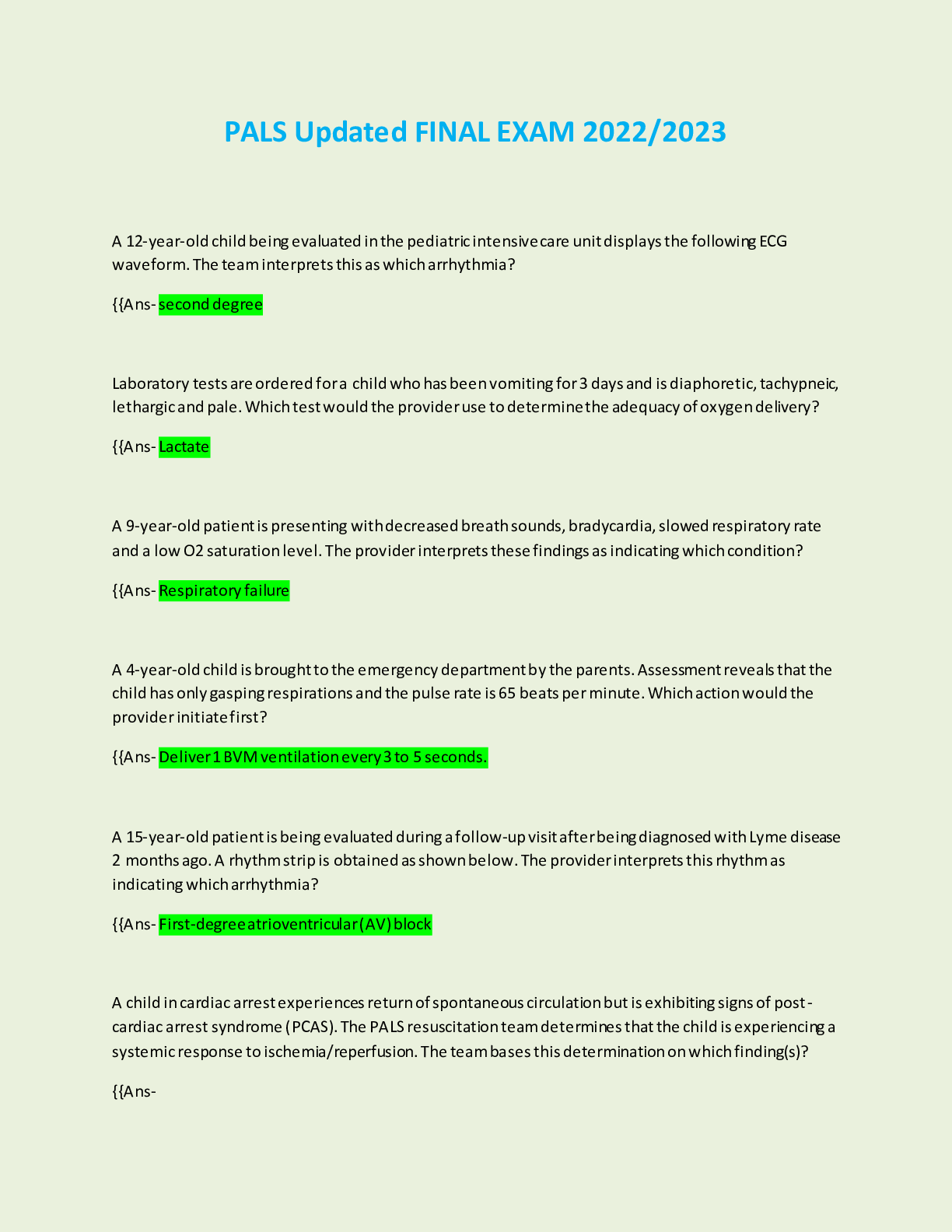 Preview image for NURS 120(PMOO1) Final Exam: Medical Doctor/ Med Surge 1/ pediatric advance life support; 2022/2023 (Answered)